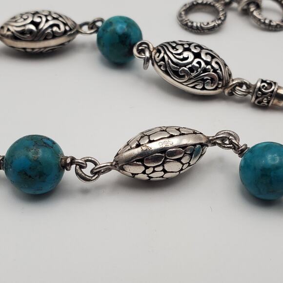 Vtg Artisan Sterling Silver Foxtail Turquoise and Filigree Beaded Bracelet - Picture 4 of 6